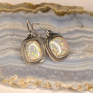OPAL 925 Earrings Vintage Sterling Silver Square Dangling Hook
